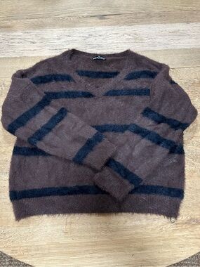 SHEIN Brown V-Neck Mohair-Style Sweater with Black Stripes